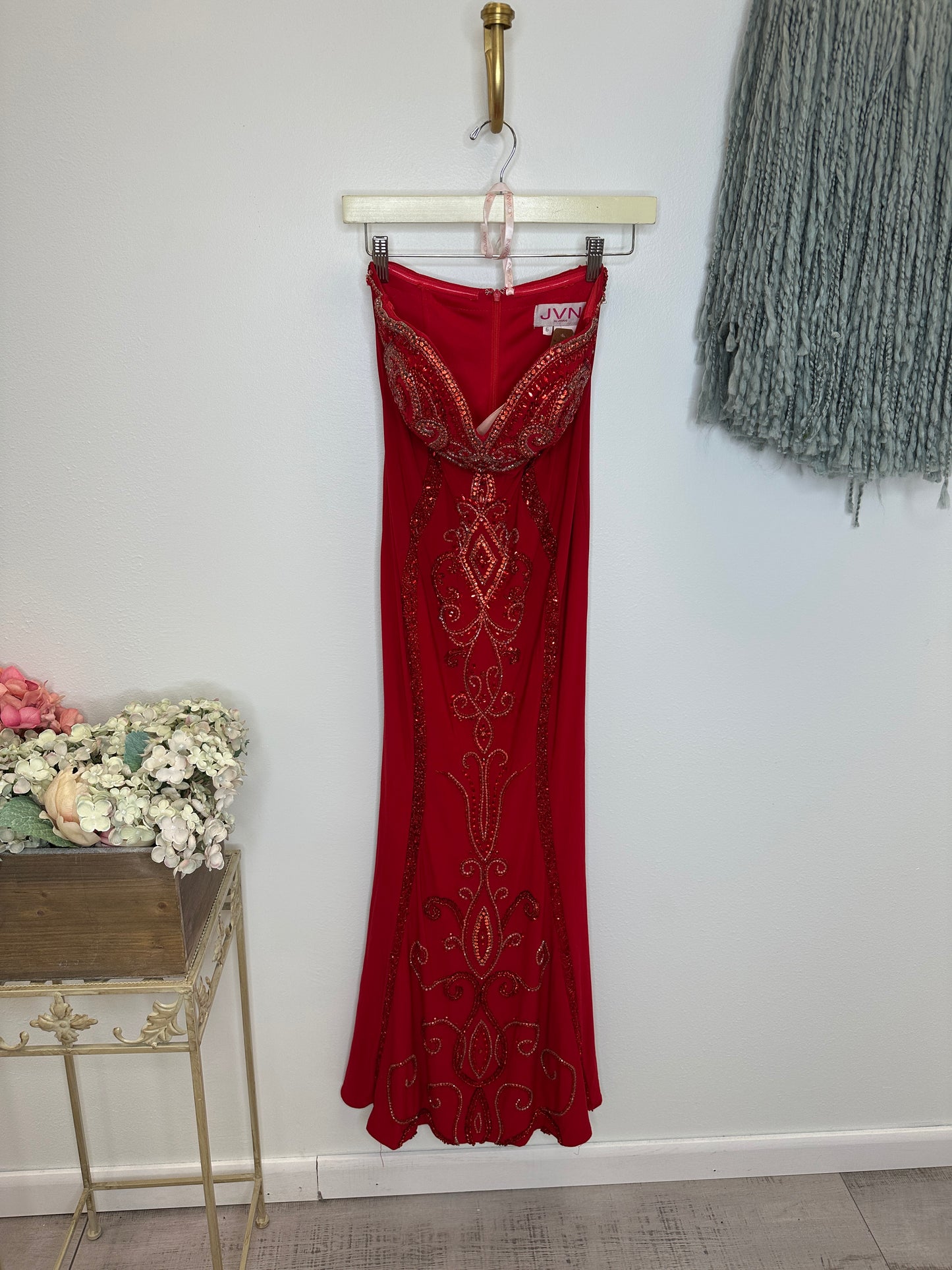 Pre Owned Red Beaded Jovani Gown Size 6