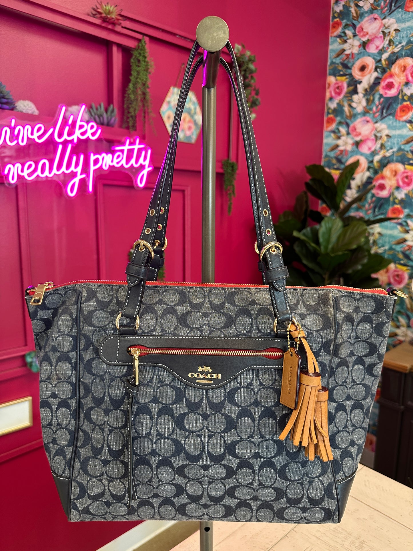 Pre Owned Coach Kleo Carryall Denim Tote