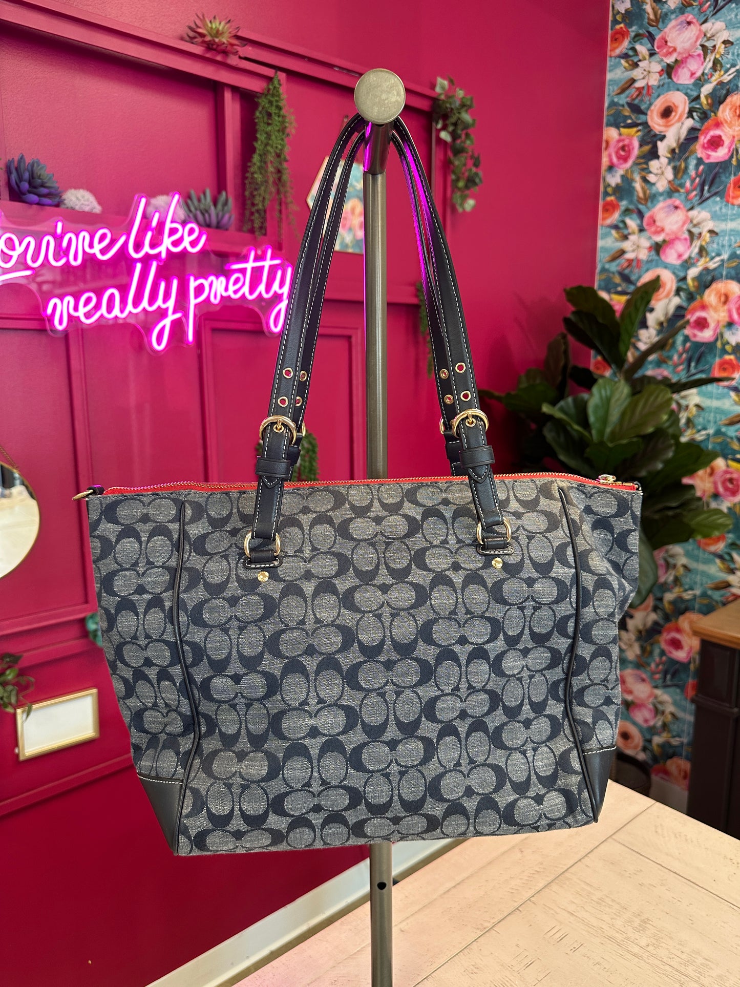 Pre Owned Coach Kleo Carryall Denim Tote