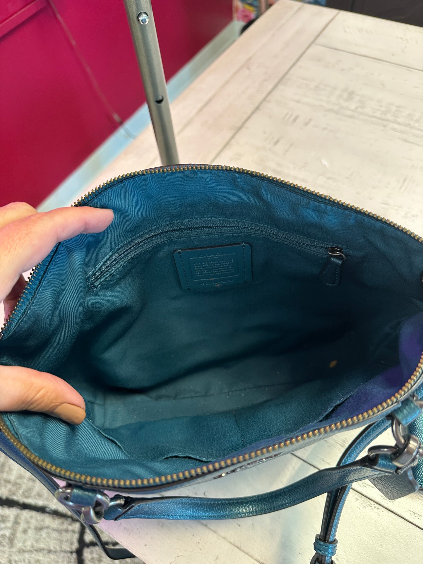 Pre Owned Coach Metallic Teal Pebble Leather with Matching Wallet