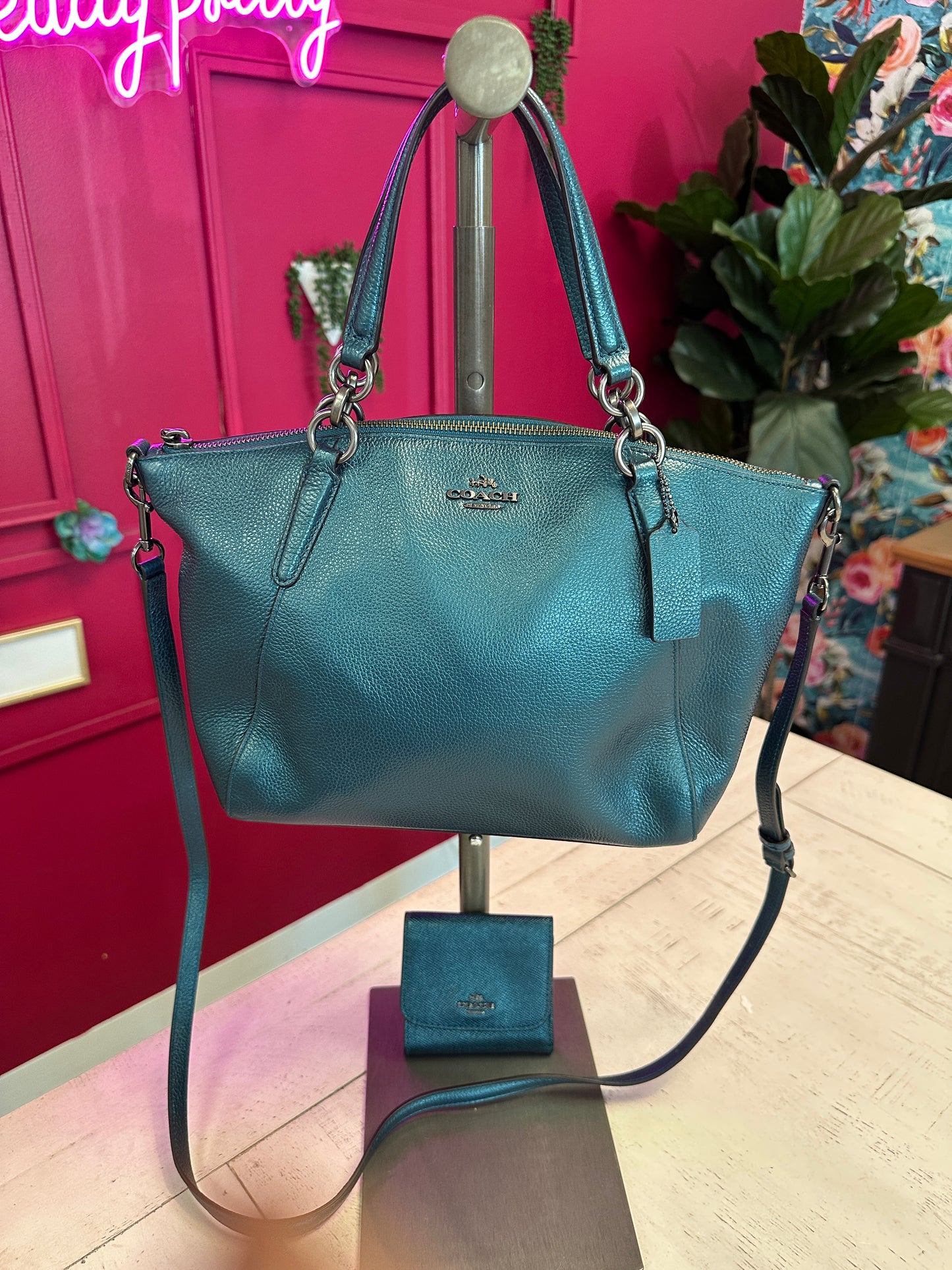 Pre Owned Coach Metallic Teal Pebble Leather with Matching Wallet