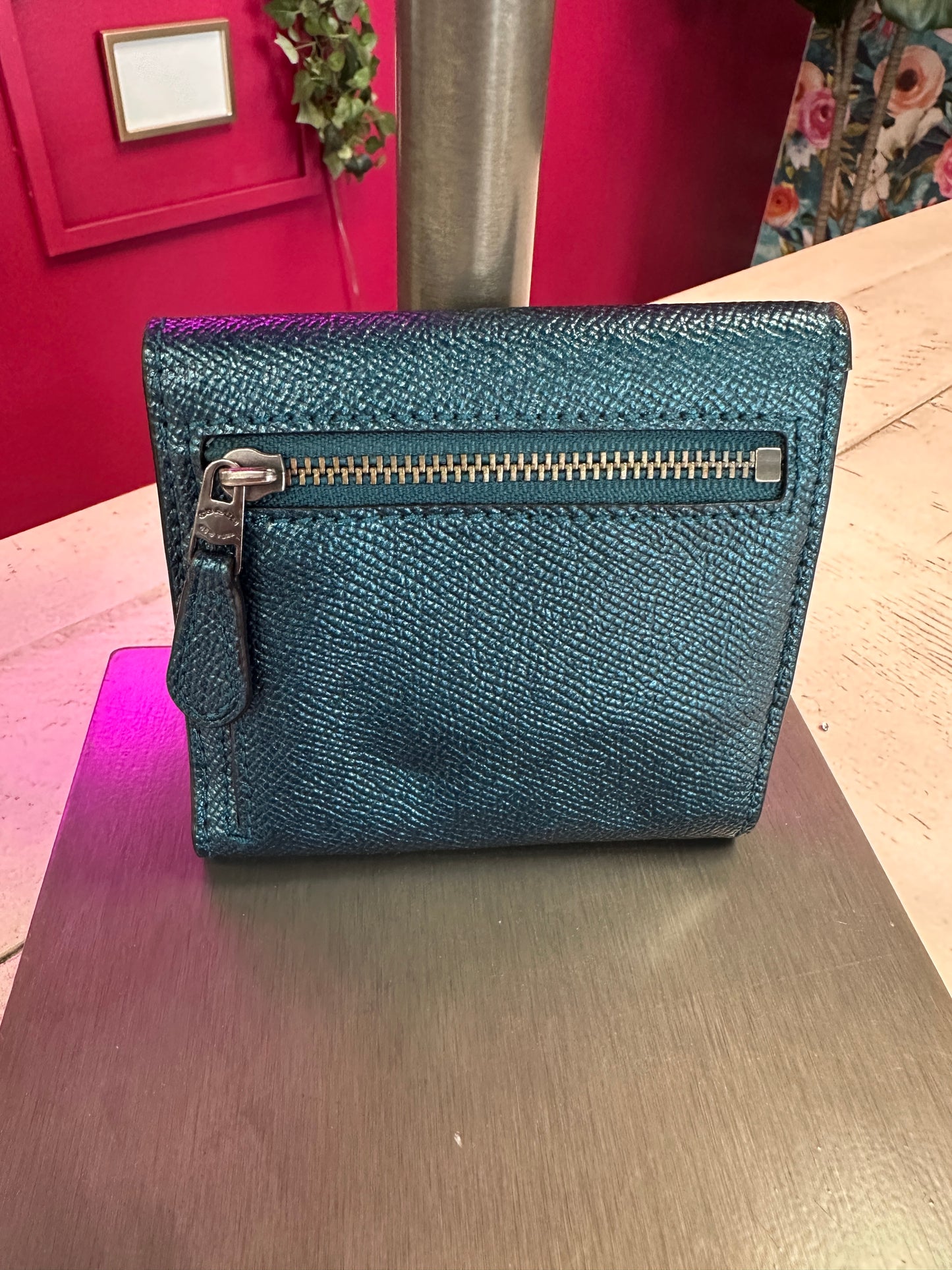 Pre Owned Coach Metallic Teal Pebble Leather with Matching Wallet