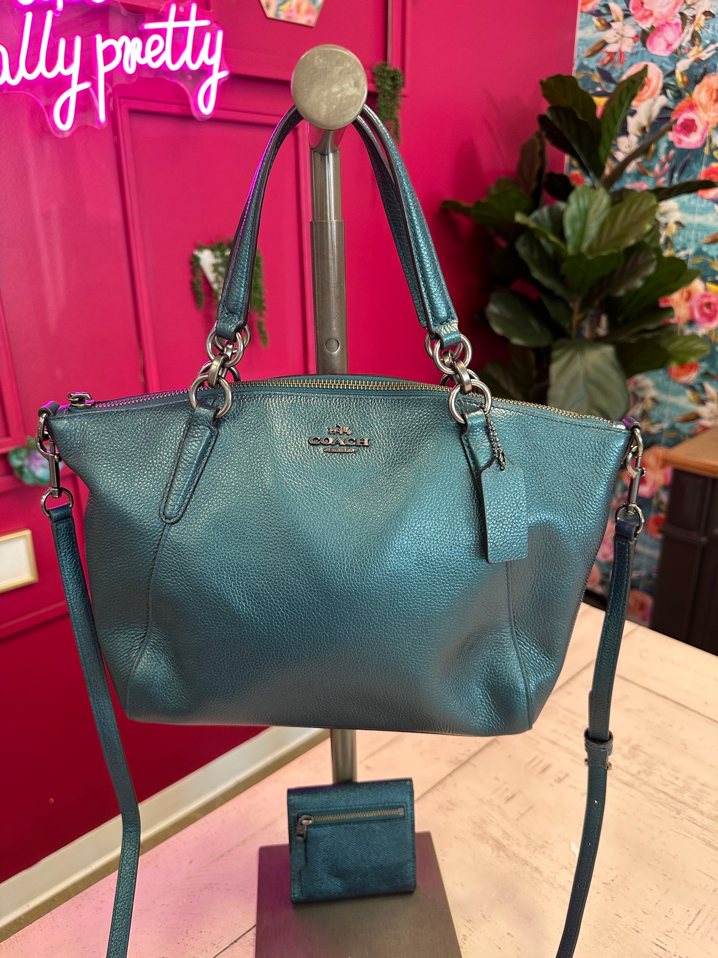 Pre Owned Coach Metallic Teal Pebble Leather with Matching Wallet