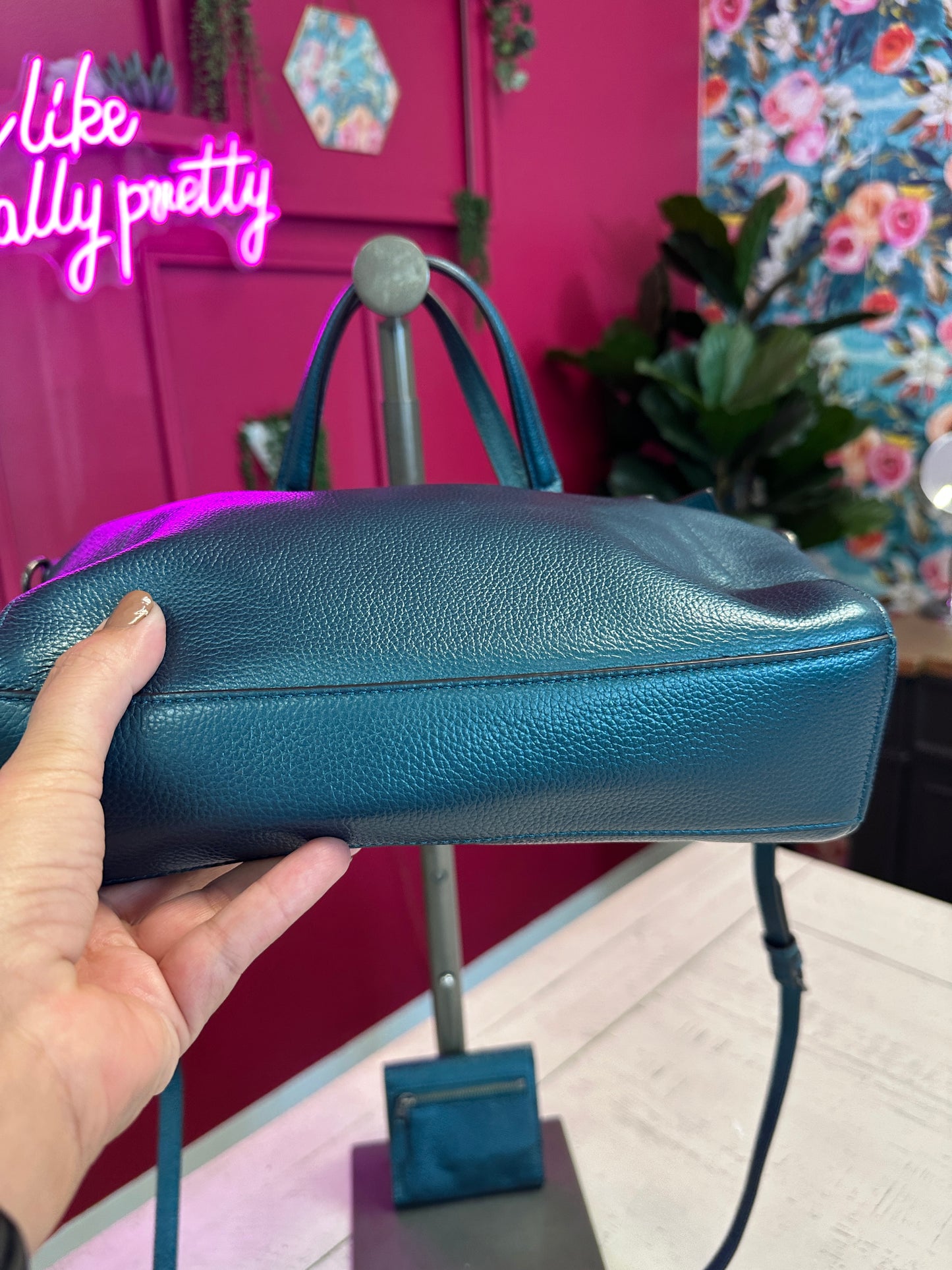 Pre Owned Coach Metallic Teal Pebble Leather with Matching Wallet