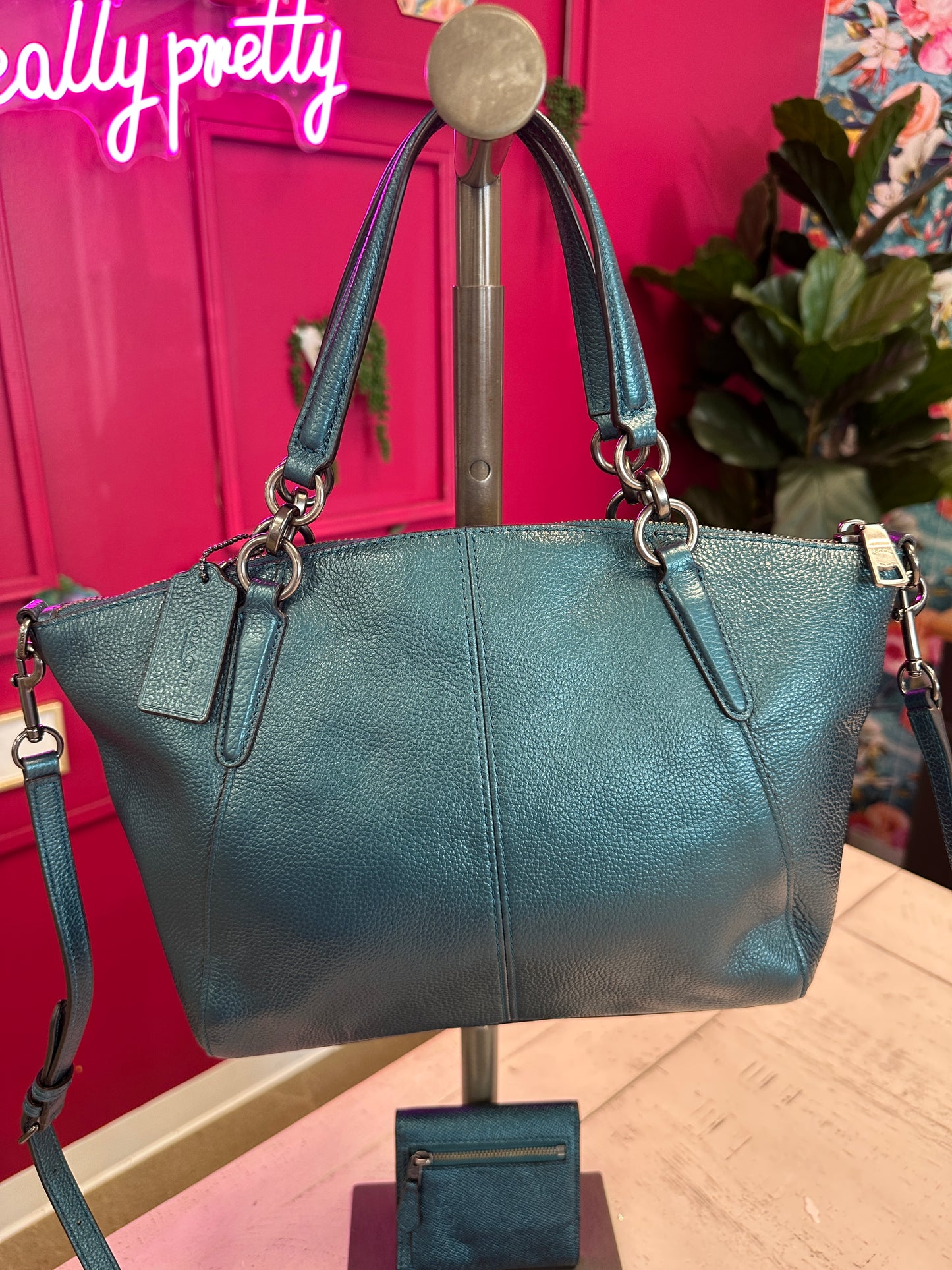 Pre Owned Coach Metallic Teal Pebble Leather with Matching Wallet