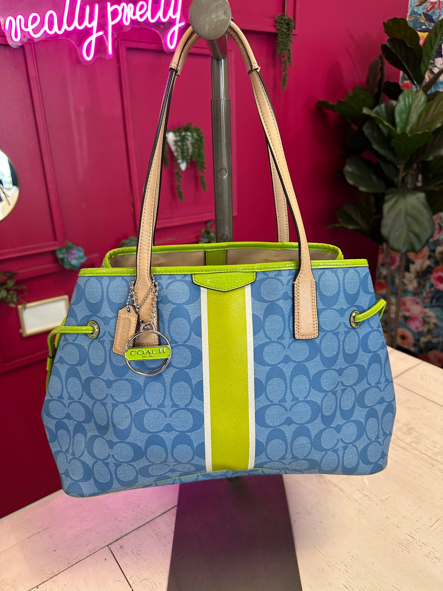 Pre Owned Lime Green and Blue Signature Coach Carryall