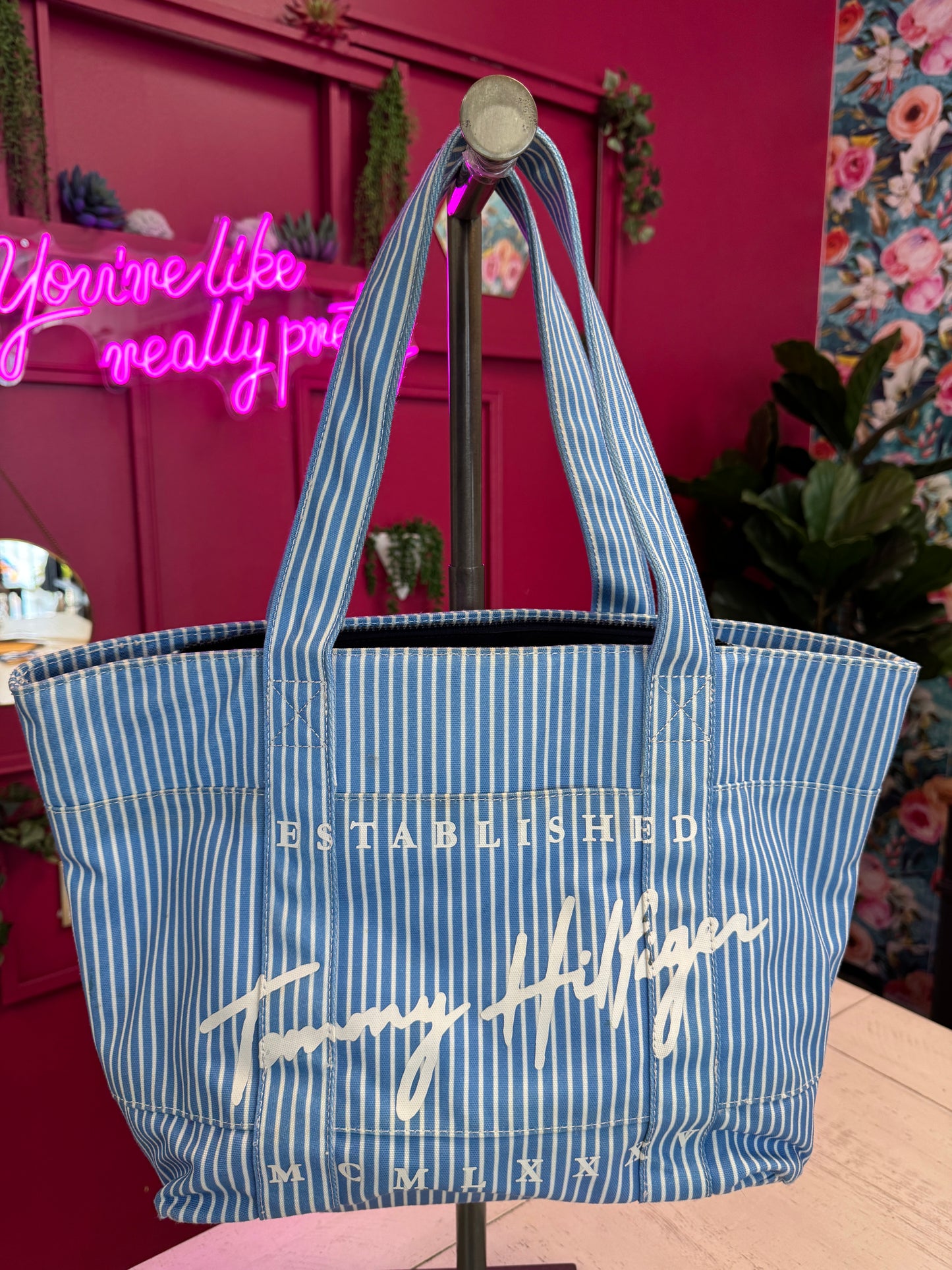 Pre Owned Tommy Hilfiger Blue and White Striped Tote