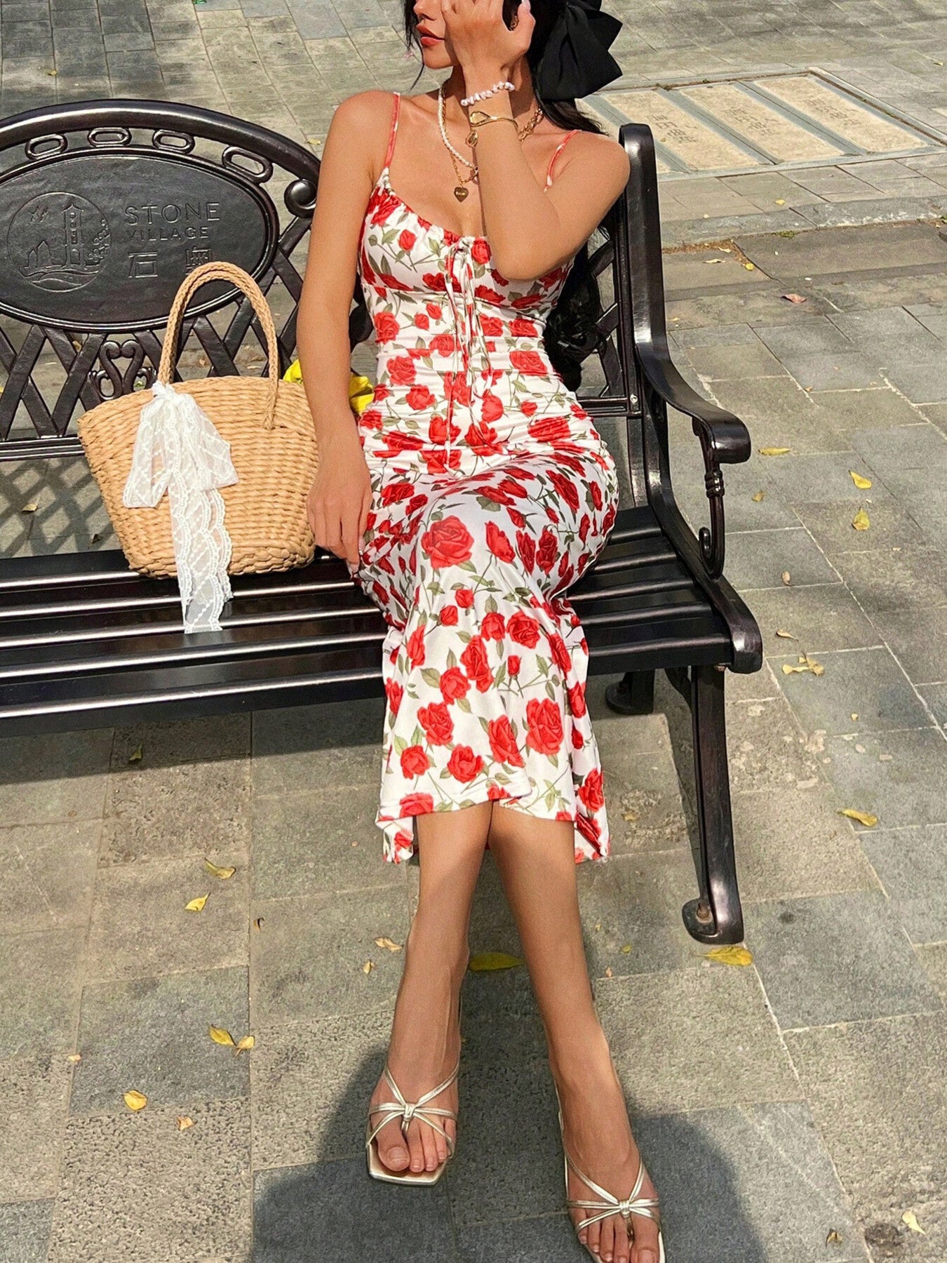 Floral Print Tie Front Midi Dress