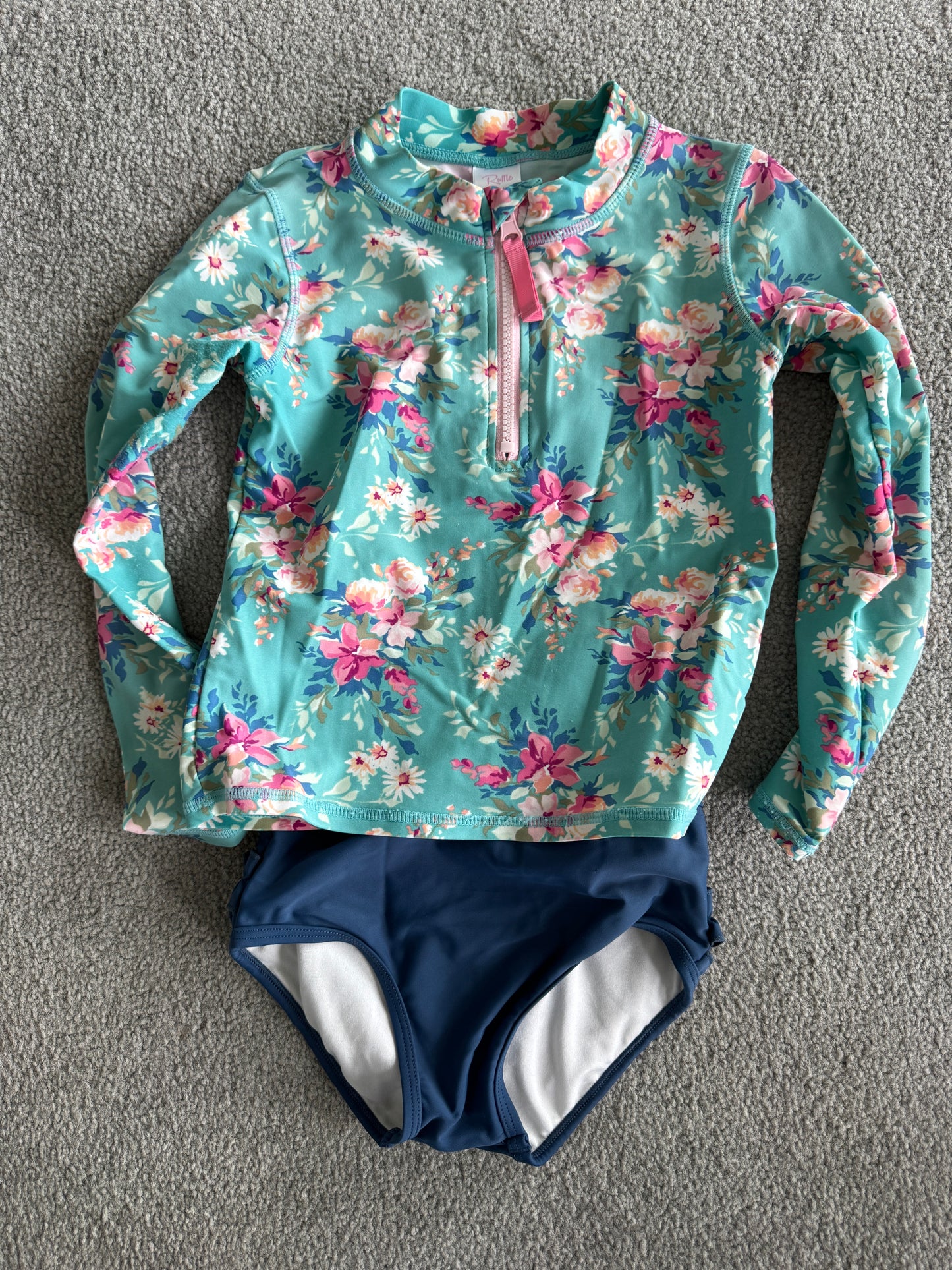 Ruffle Butts Floral Aqua and Navy Kids Swim Bikini