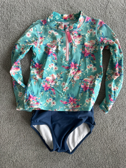 Ruffle Butts Floral Aqua and Navy Kids Swim Bikini