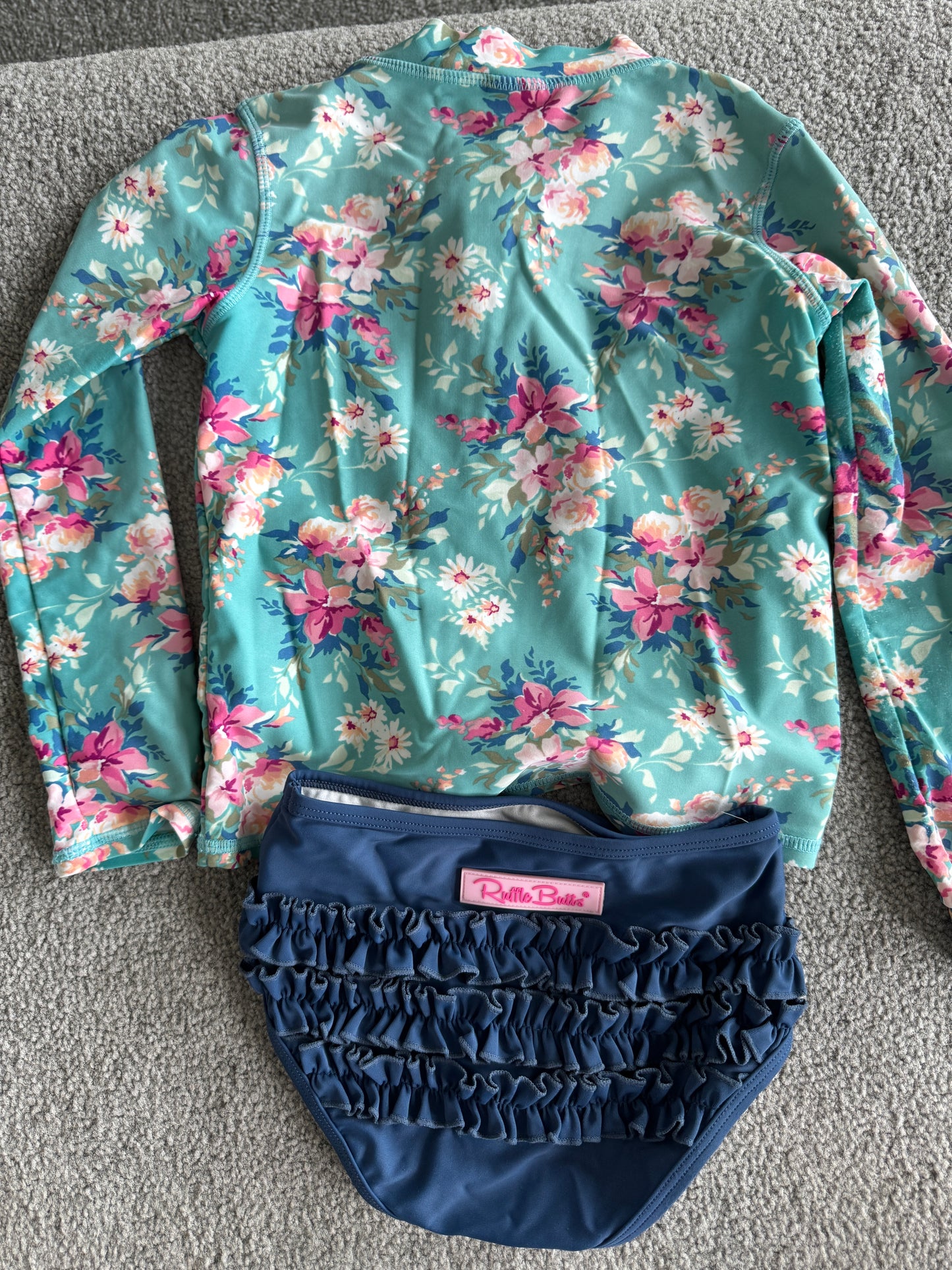 Ruffle Butts Floral Aqua and Navy Kids Swim Bikini