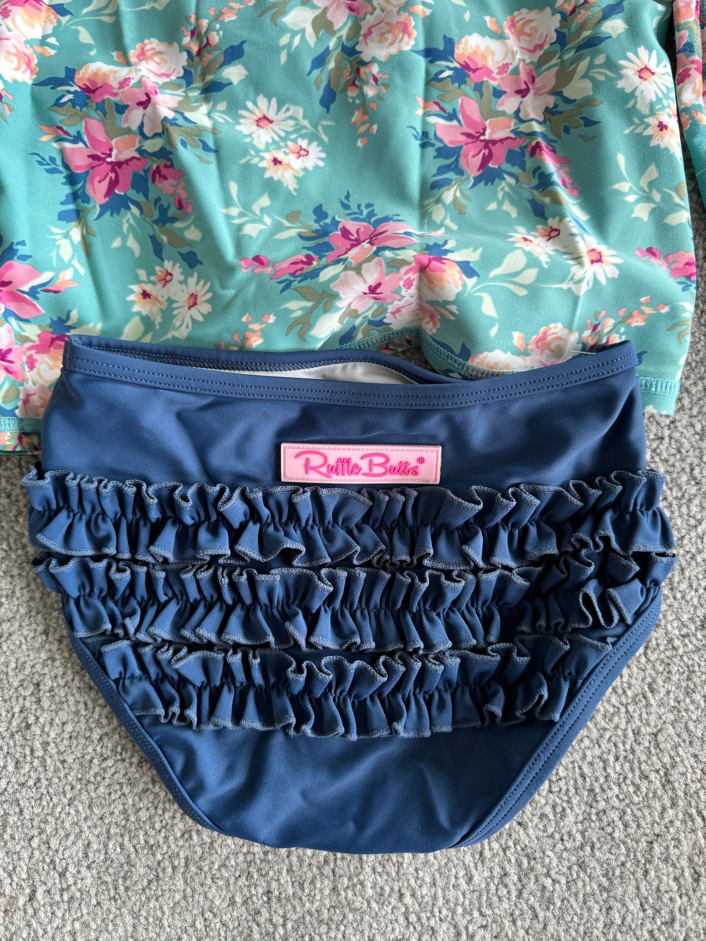 Ruffle Butts Floral Aqua and Navy Kids Swim Bikini