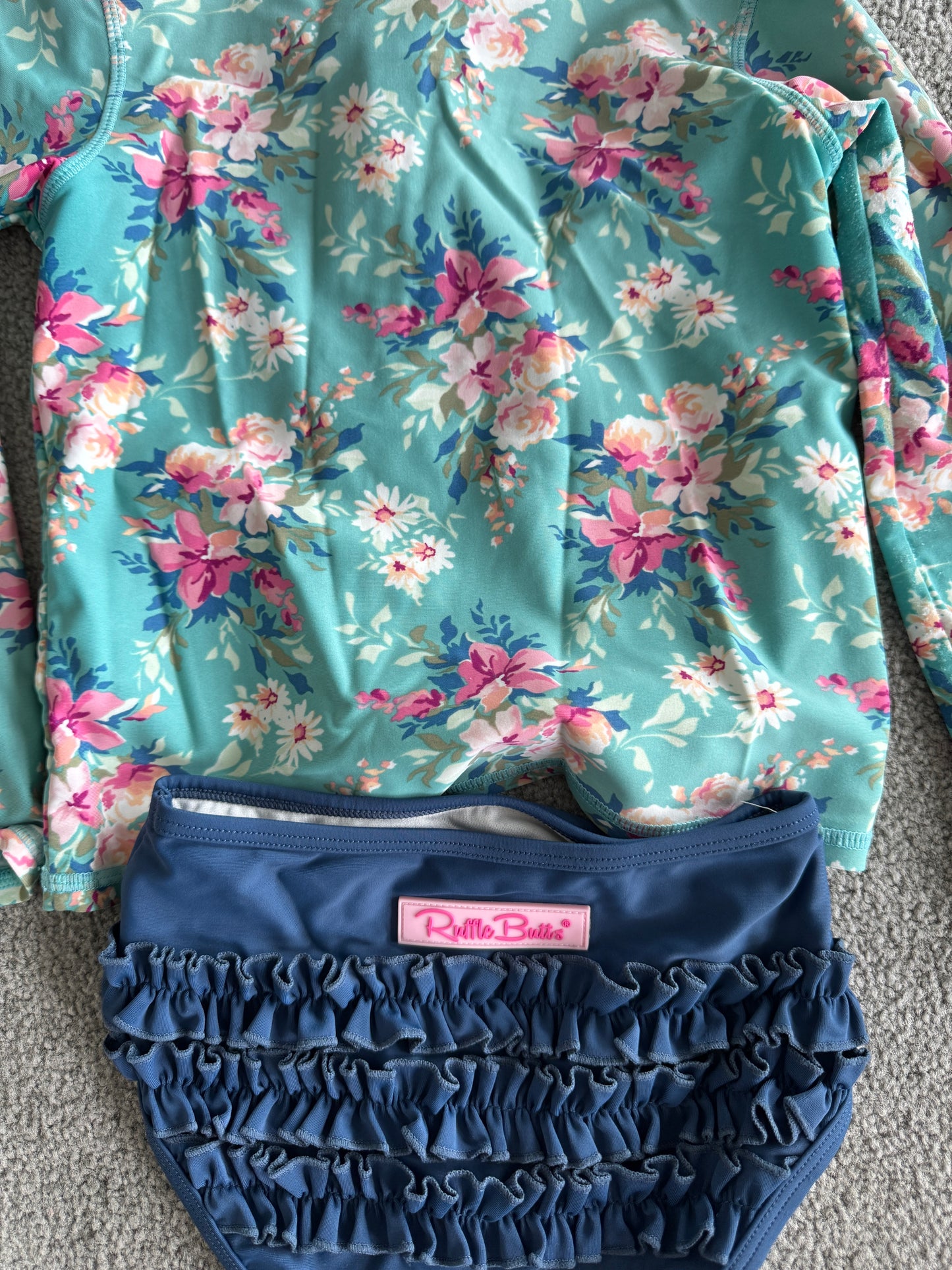 Ruffle Butts Floral Aqua and Navy Kids Swim Bikini