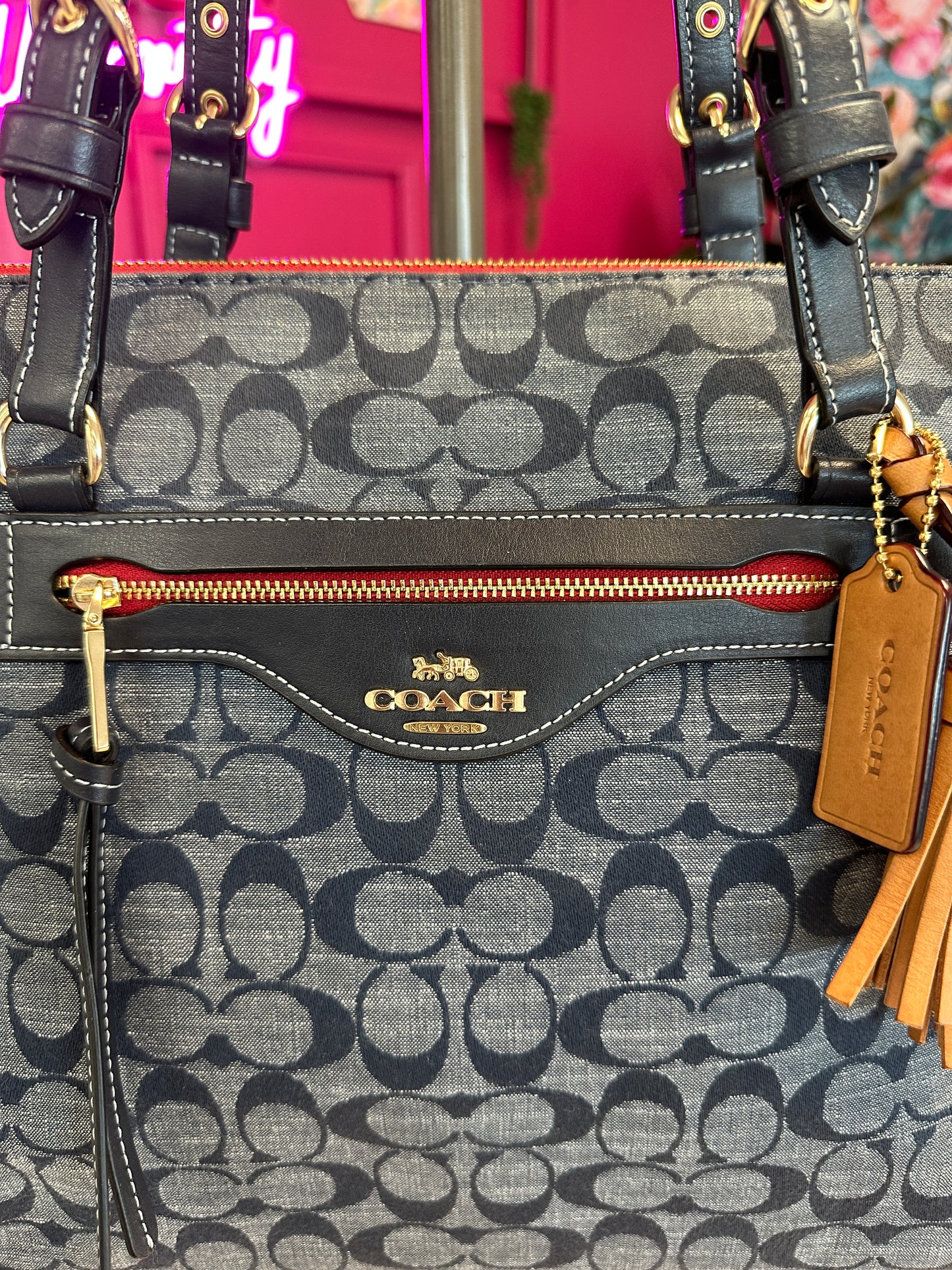 Pre Owned Coach Kleo Carryall Denim Tote