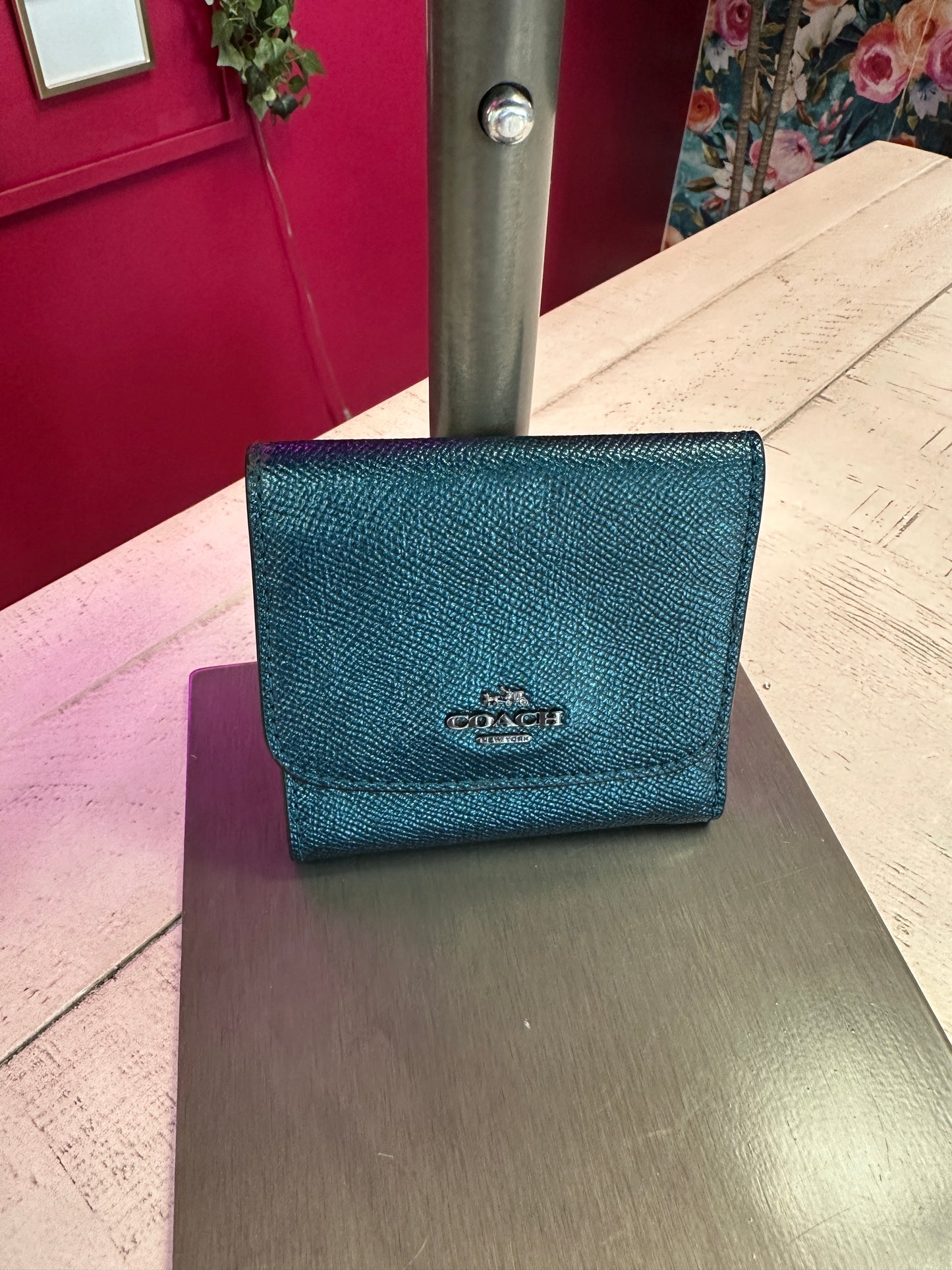 Pre Owned Coach Metallic Teal Pebble Leather with Matching Wallet