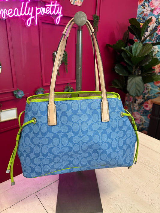 Pre Owned Lime Green and Blue Signature Coach Carryall