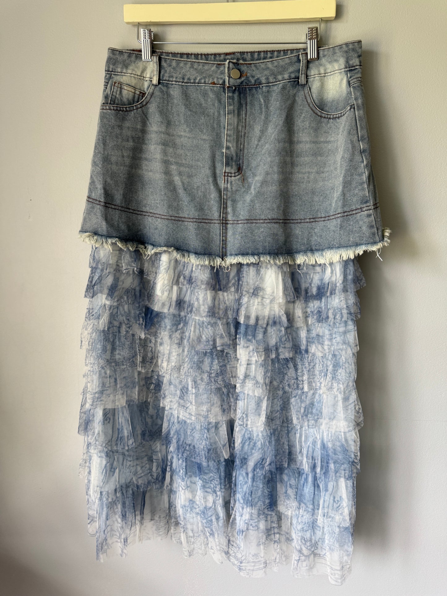 Tiered Ruffled Denim Patchwork Skirt Size XL