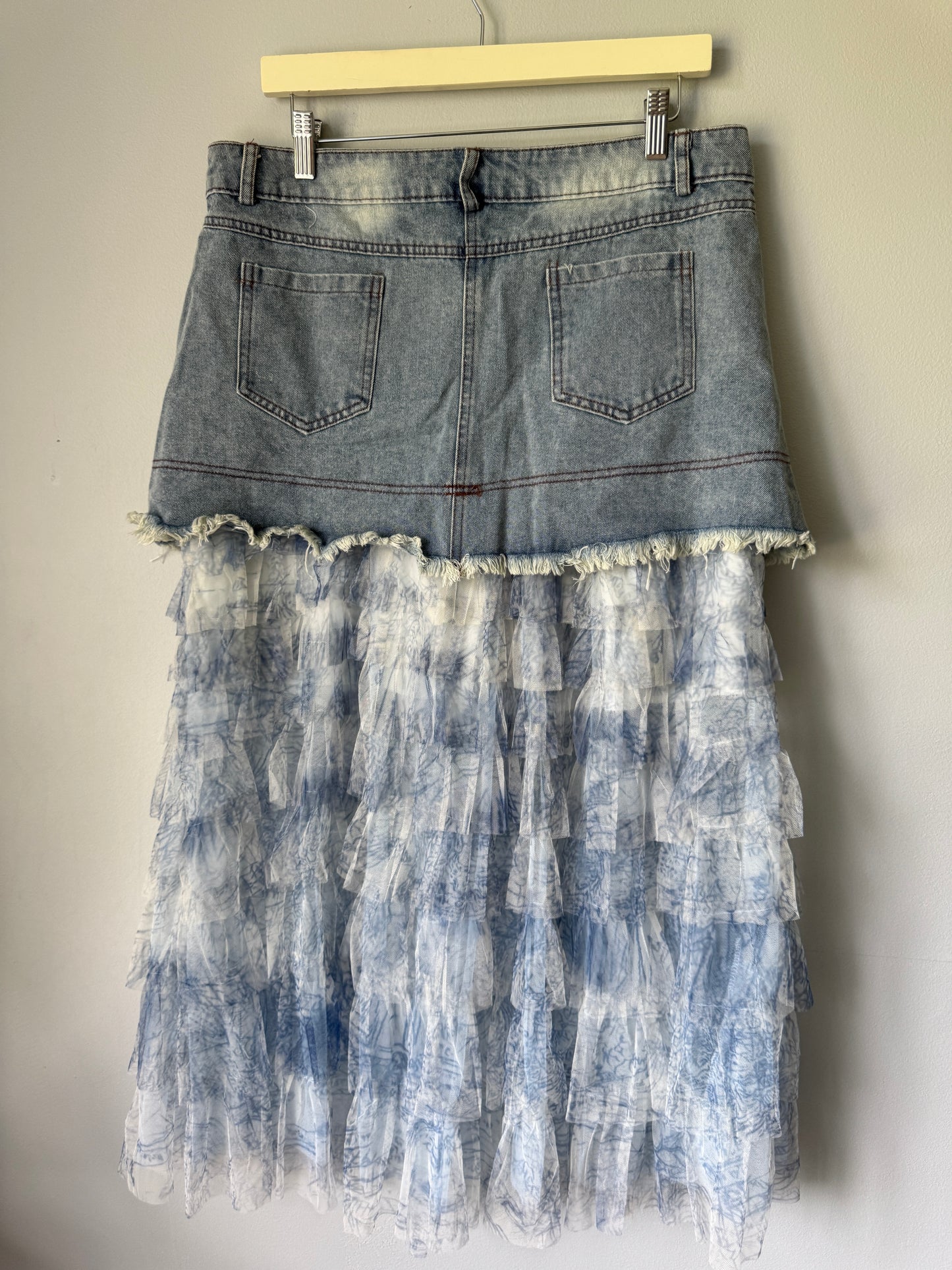 Tiered Ruffled Denim Patchwork Skirt Size XL