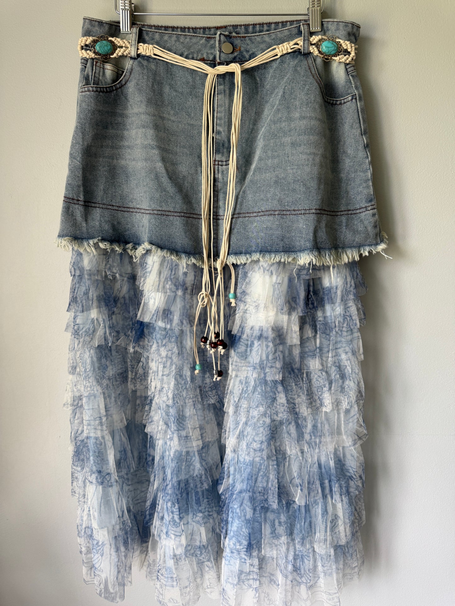 Tiered Ruffled Denim Patchwork Skirt Size XL