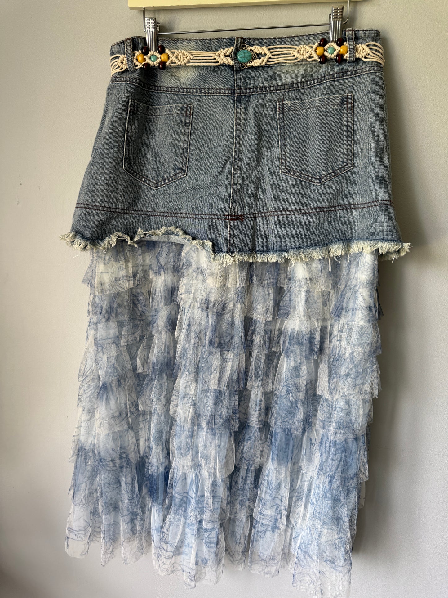 Tiered Ruffled Denim Patchwork Skirt Size XL