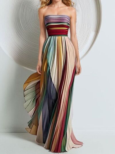 Striped Pleated Strapless Maxi Dress Size Medium
